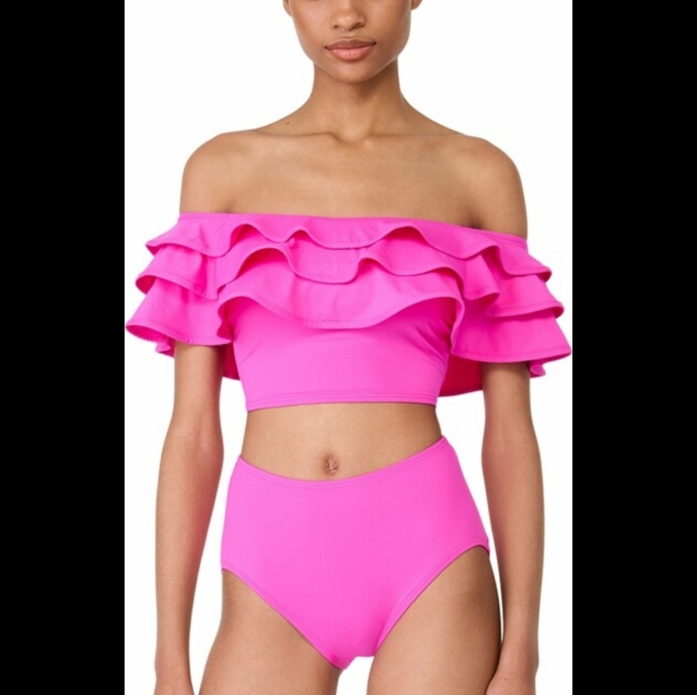NWT Kate Spade NY Hot Pink Ruffle Off Shoulder Top High Rise Bottoms Bikini L